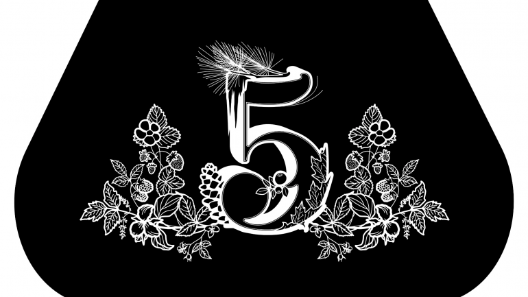 Vector graphic art of the Le5 flag. A number 5 surrounded with floral details.
