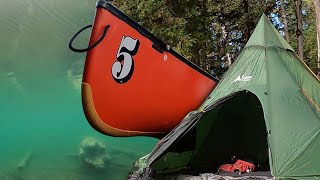 A photo compilation of a tent, canoe, and clear lake